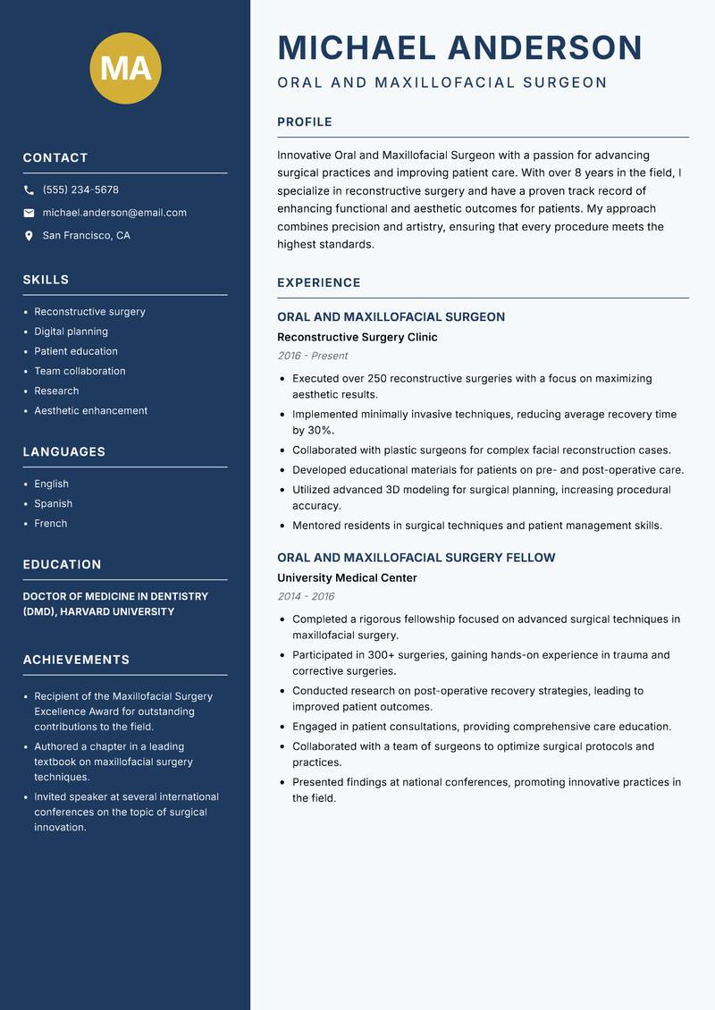 Oral and Maxillofacial Surgeon resume sample — Oral and Maxillofacial Surgeon focus