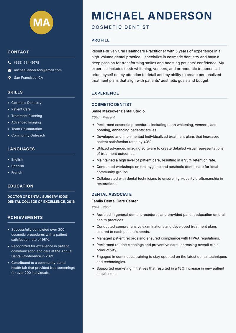 Oral Healthcare Practitioner resume sample — Cosmetic Dentist focus