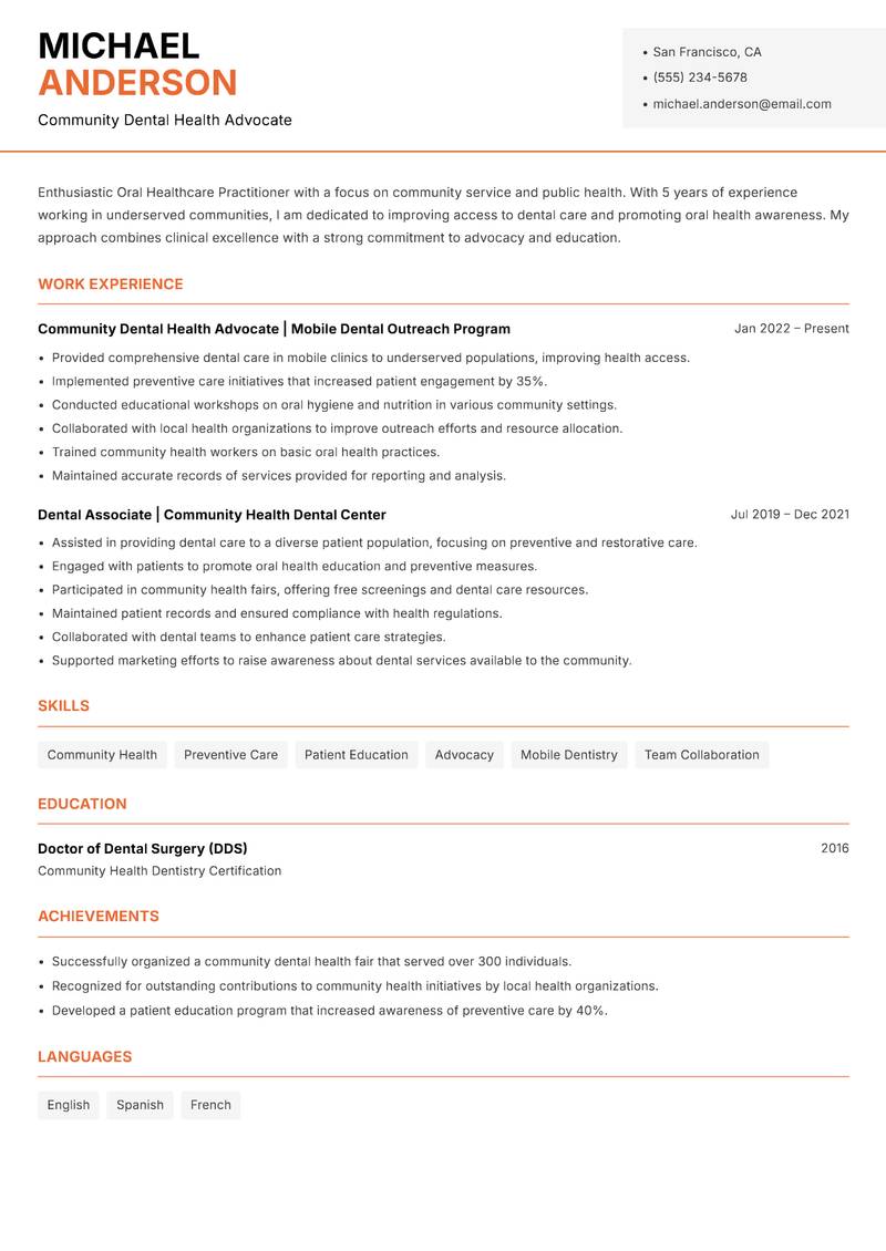 Oral Healthcare Practitioner resume sample — Community Dental Health Advocate focus