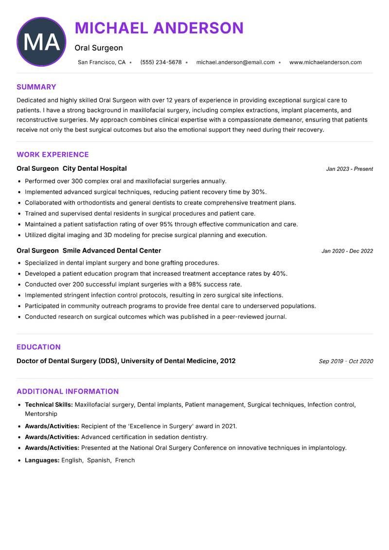 Oral Surgeon resume example