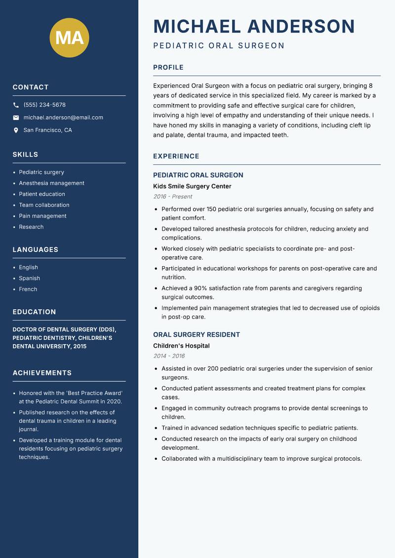 Oral Surgeon resume sample — Pediatric Oral Surgeon focus