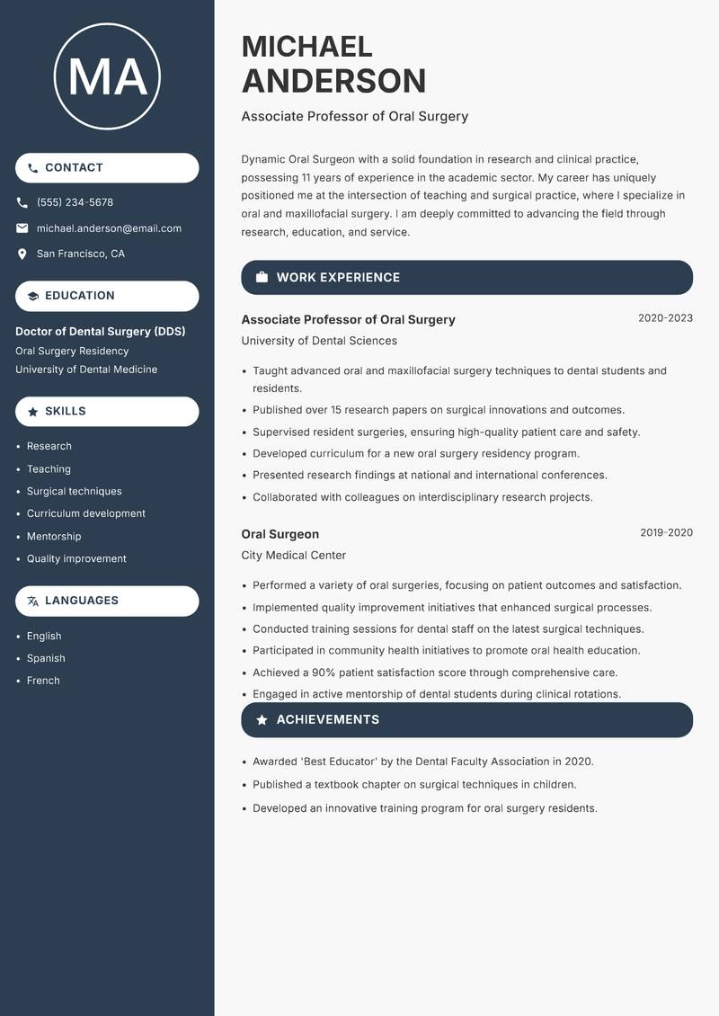 Oral Surgeon resume sample — Associate Professor of Oral Surgery focus