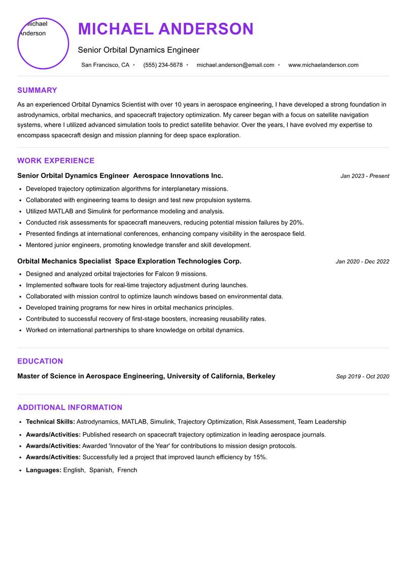Orbital Dynamics Scientist resume example
