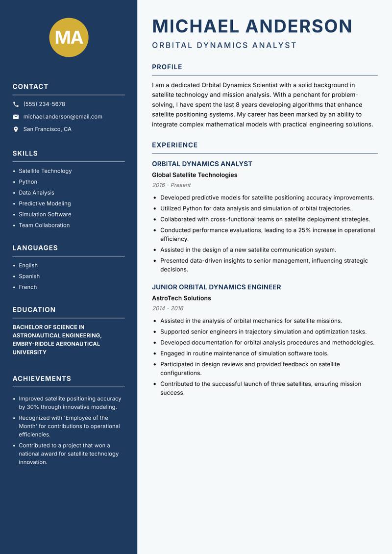 Orbital Dynamics Scientist resume sample — Orbital Dynamics Analyst focus