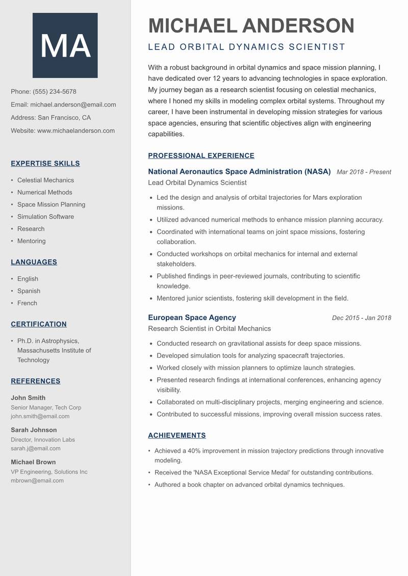 Orbital Dynamics Scientist resume sample — Lead Orbital Dynamics Scientist focus