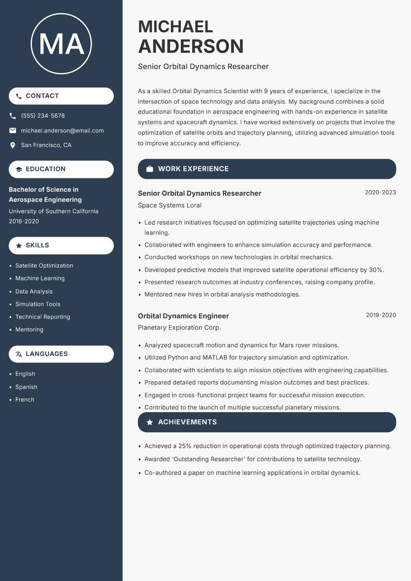Orbital Dynamics Scientist resume sample — Senior Orbital Dynamics Researcher focus