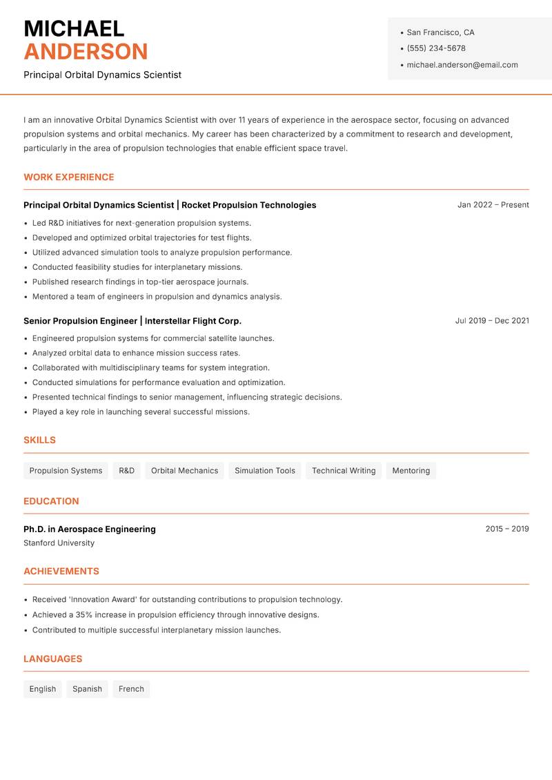 Orbital Dynamics Scientist resume sample — Principal Orbital Dynamics Scientist focus