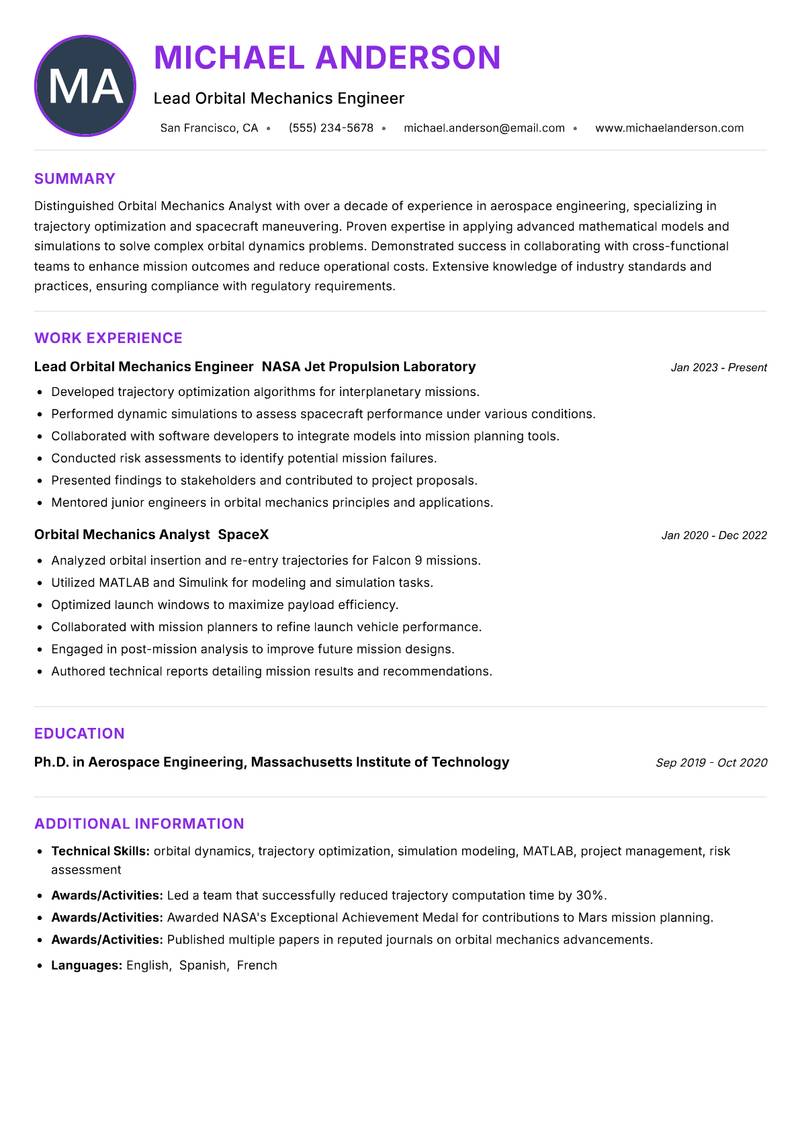 Orbital Mechanics Analyst resume example