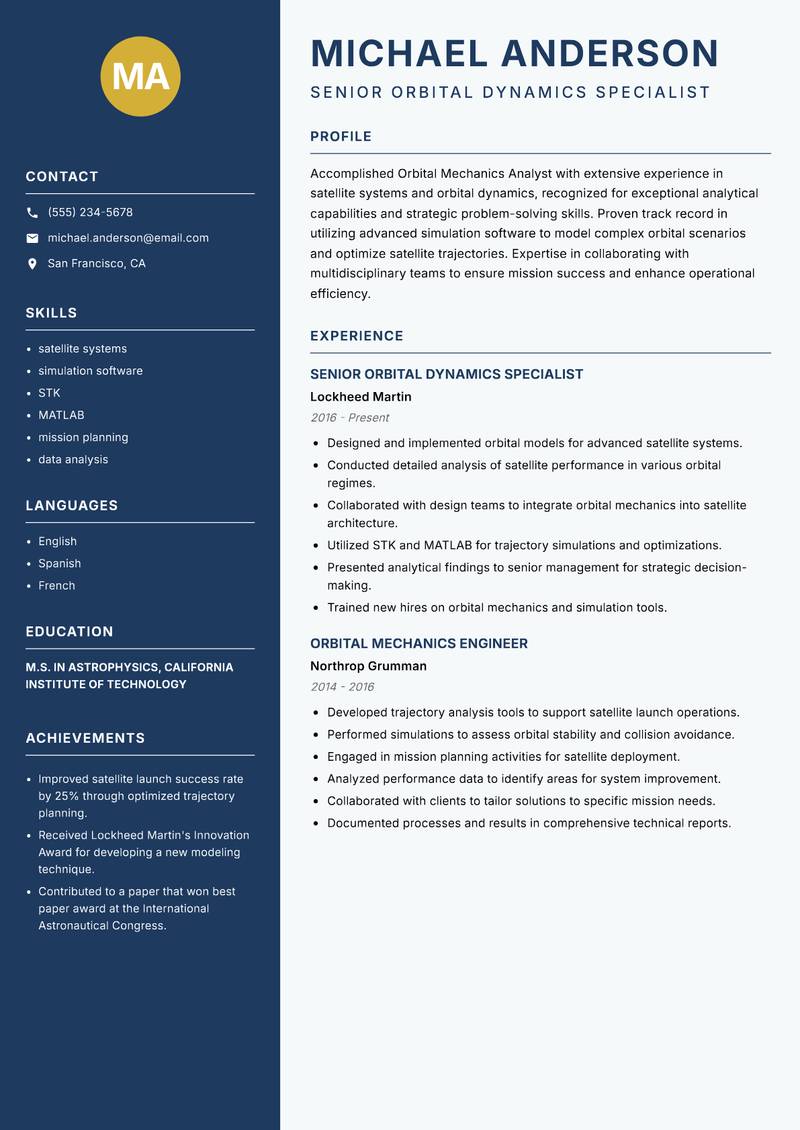 Orbital Mechanics Analyst resume sample — Senior Orbital Dynamics Specialist focus