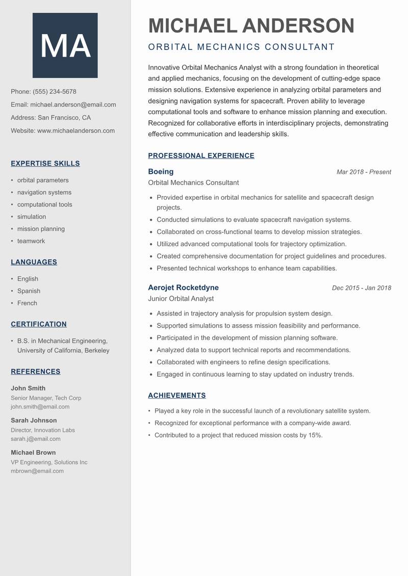 Orbital Mechanics Analyst resume sample — Orbital Mechanics Consultant focus