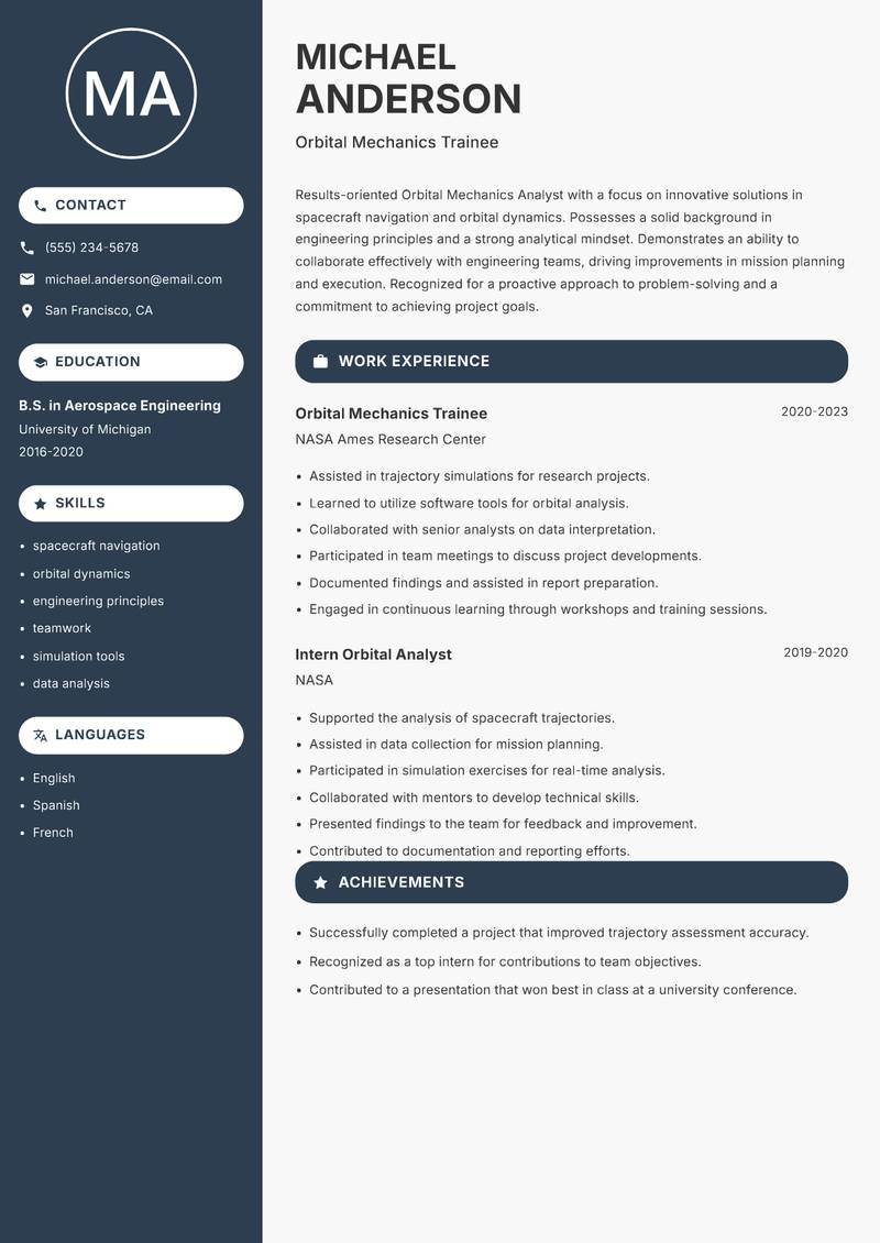 Orbital Mechanics Analyst resume sample — Orbital Mechanics Trainee focus