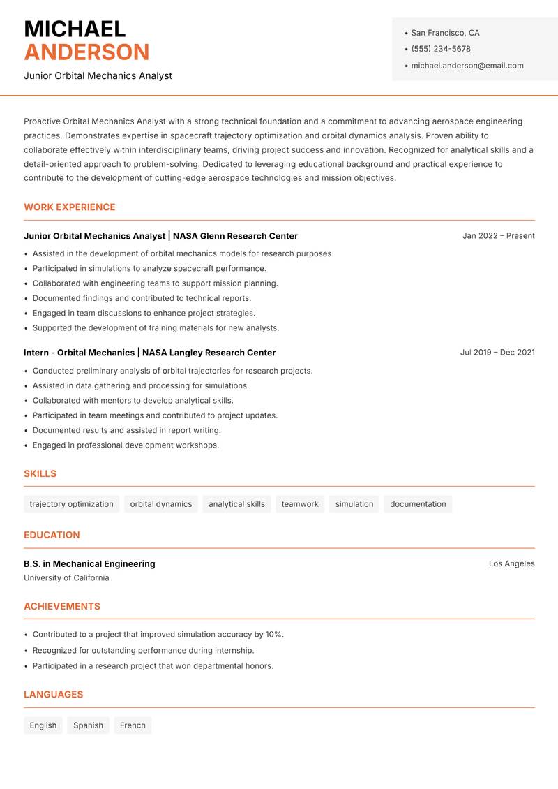 Orbital Mechanics Analyst resume sample — Junior Orbital Mechanics Analyst focus