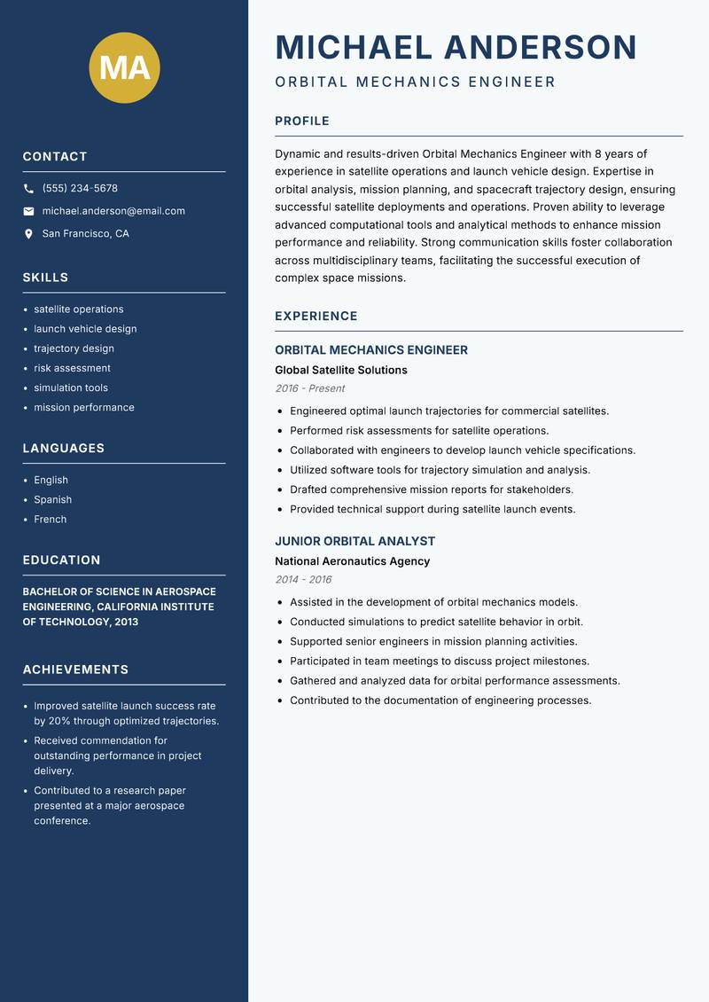 Orbital Mechanics Engineer resume sample — Orbital Mechanics Engineer focus