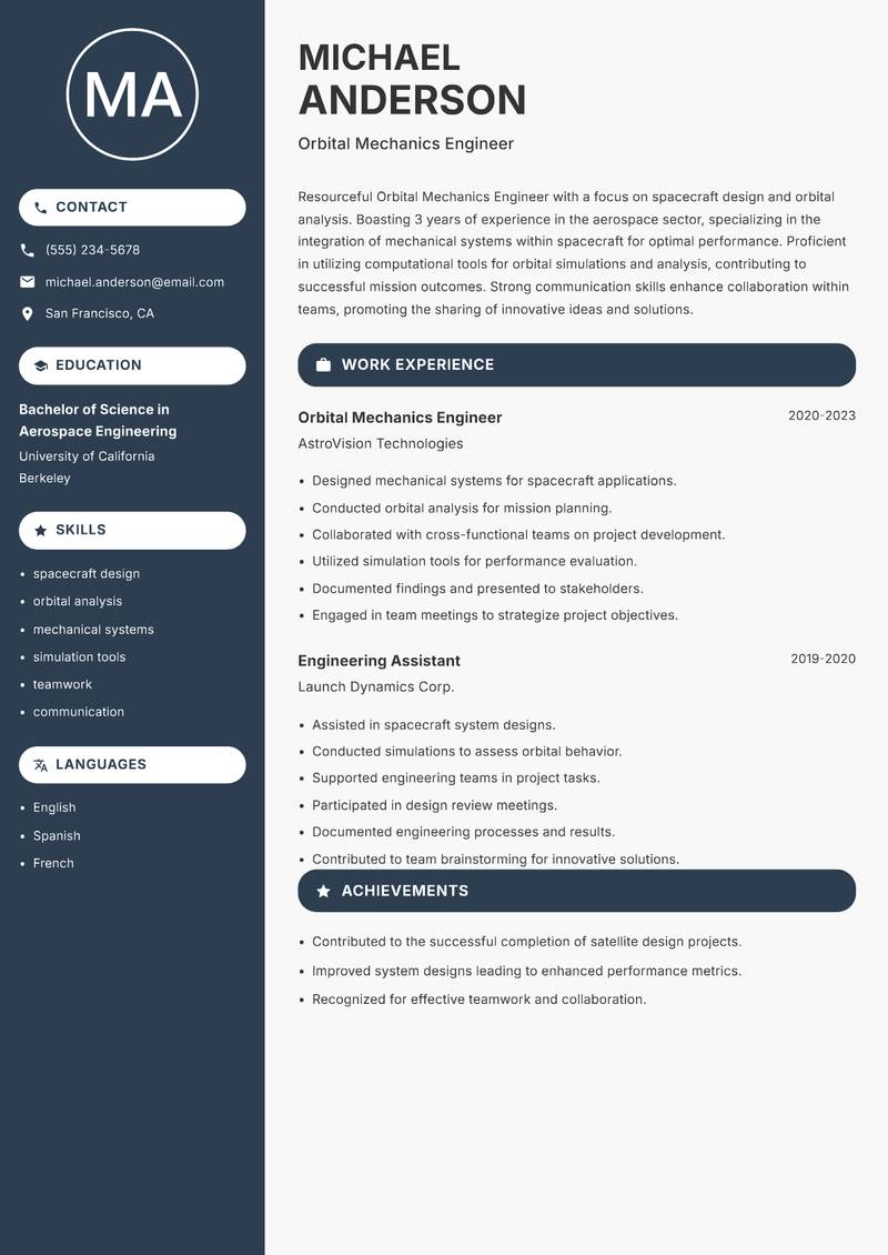Orbital Mechanics Engineer resume sample — Orbital Mechanics Engineer focus