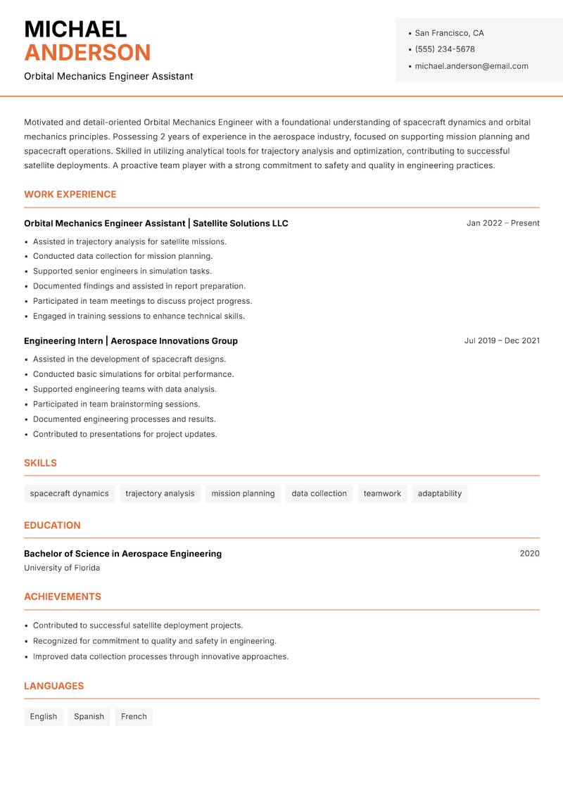 Orbital Mechanics Engineer resume sample — Orbital Mechanics Engineer Assistant focus