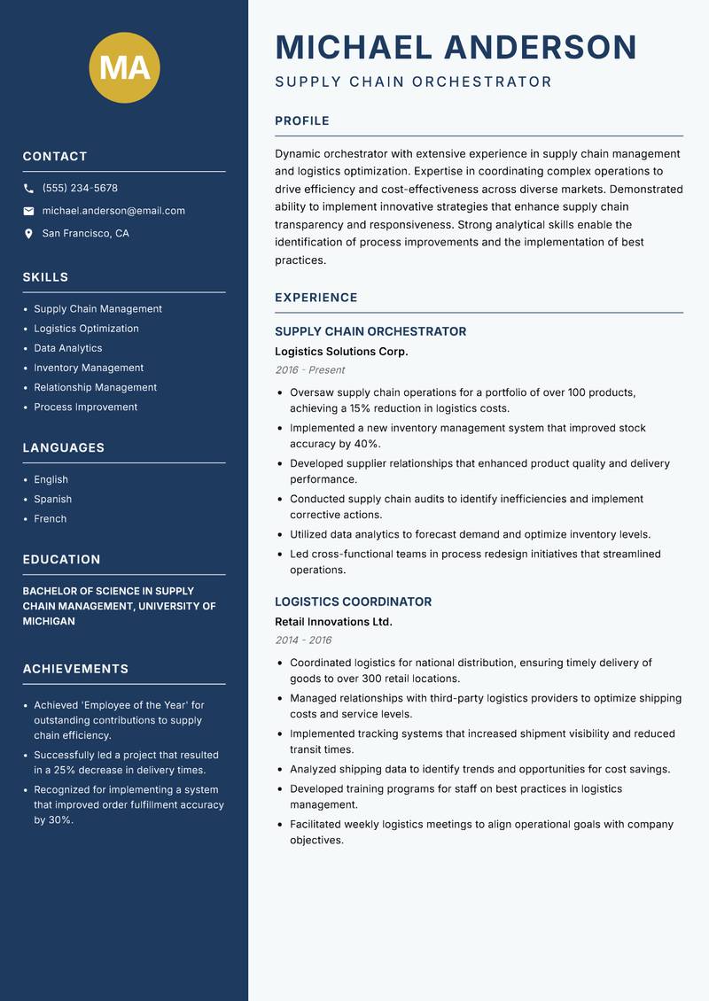 Orchestrator resume sample — Supply Chain Orchestrator focus