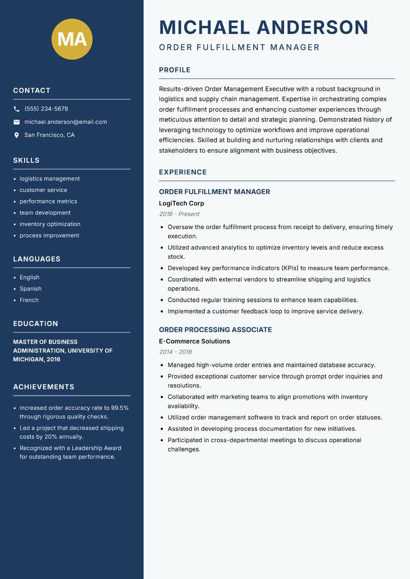 Order Management Executive resume sample — Order Fulfillment Manager focus