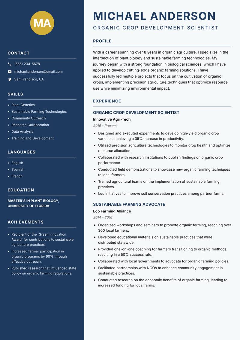 Organic Agriculture Scientist resume sample — Organic Crop Development Scientist focus
