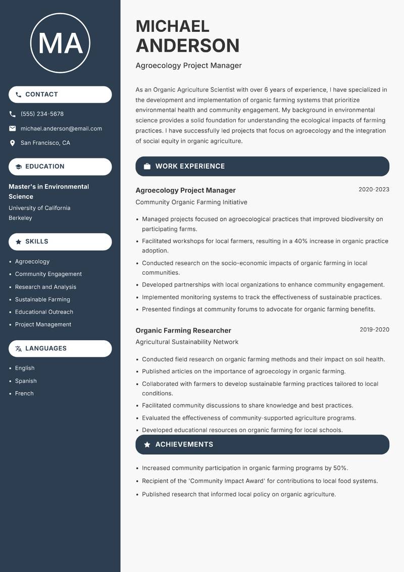 Organic Agriculture Scientist resume sample — Agroecology Project Manager focus