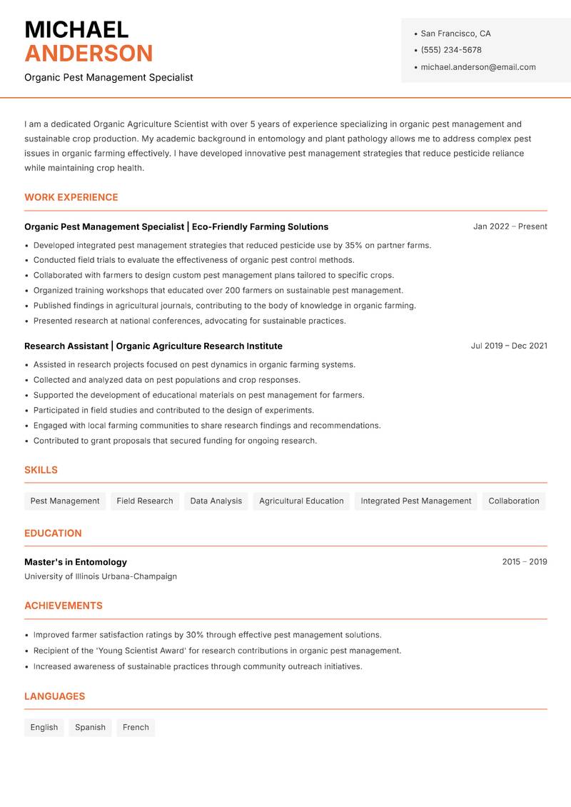 Organic Agriculture Scientist resume sample — Organic Pest Management Specialist focus