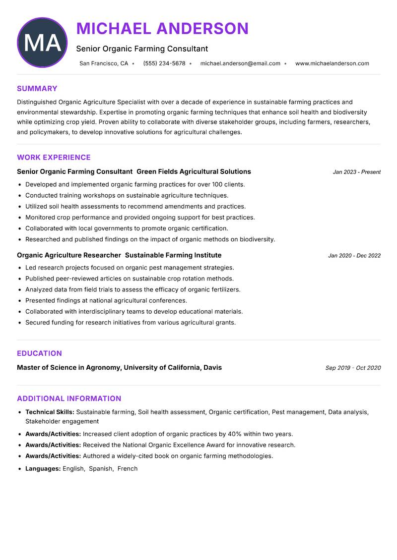 Organic Agriculture Specialist resume example
