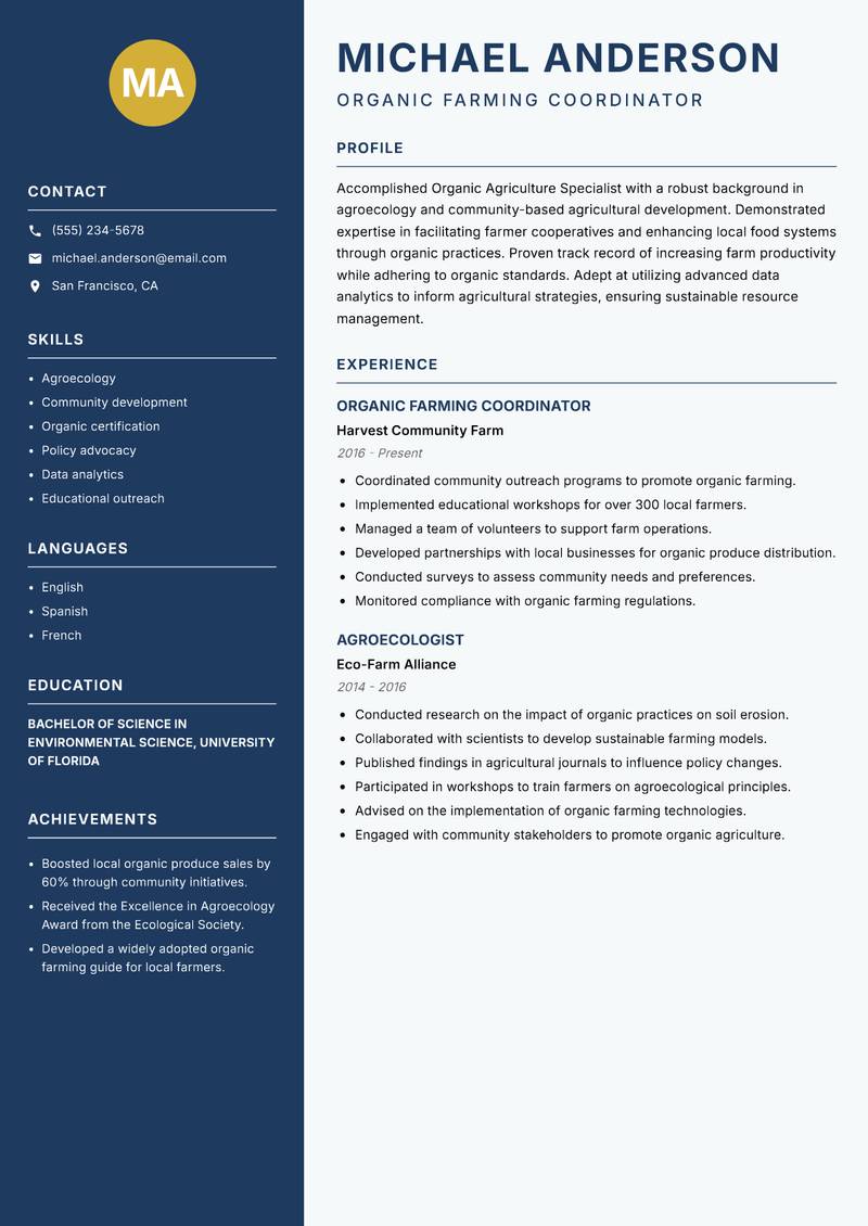 Organic Agriculture Specialist resume sample — Organic Farming Coordinator focus