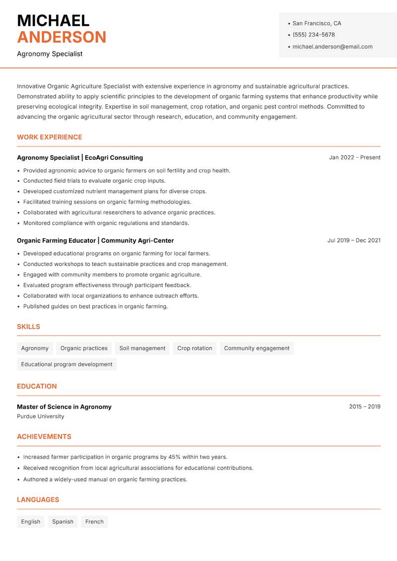 Organic Agriculture Specialist resume sample — Agronomy Specialist focus