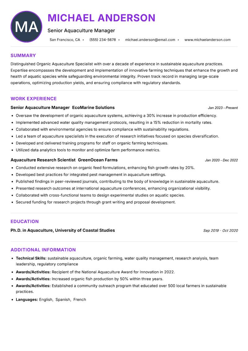 Organic Aquaculture Specialist resume example