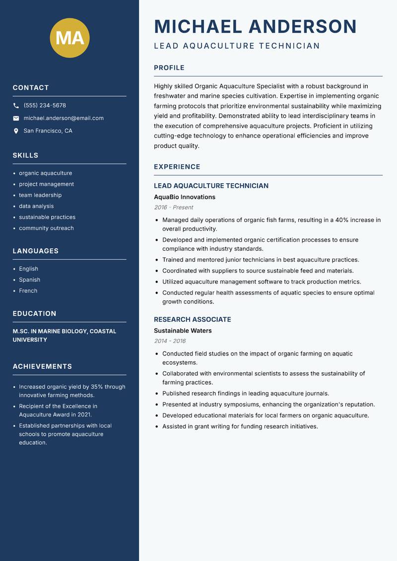 Organic Aquaculture Specialist resume sample — Lead Aquaculture Technician focus