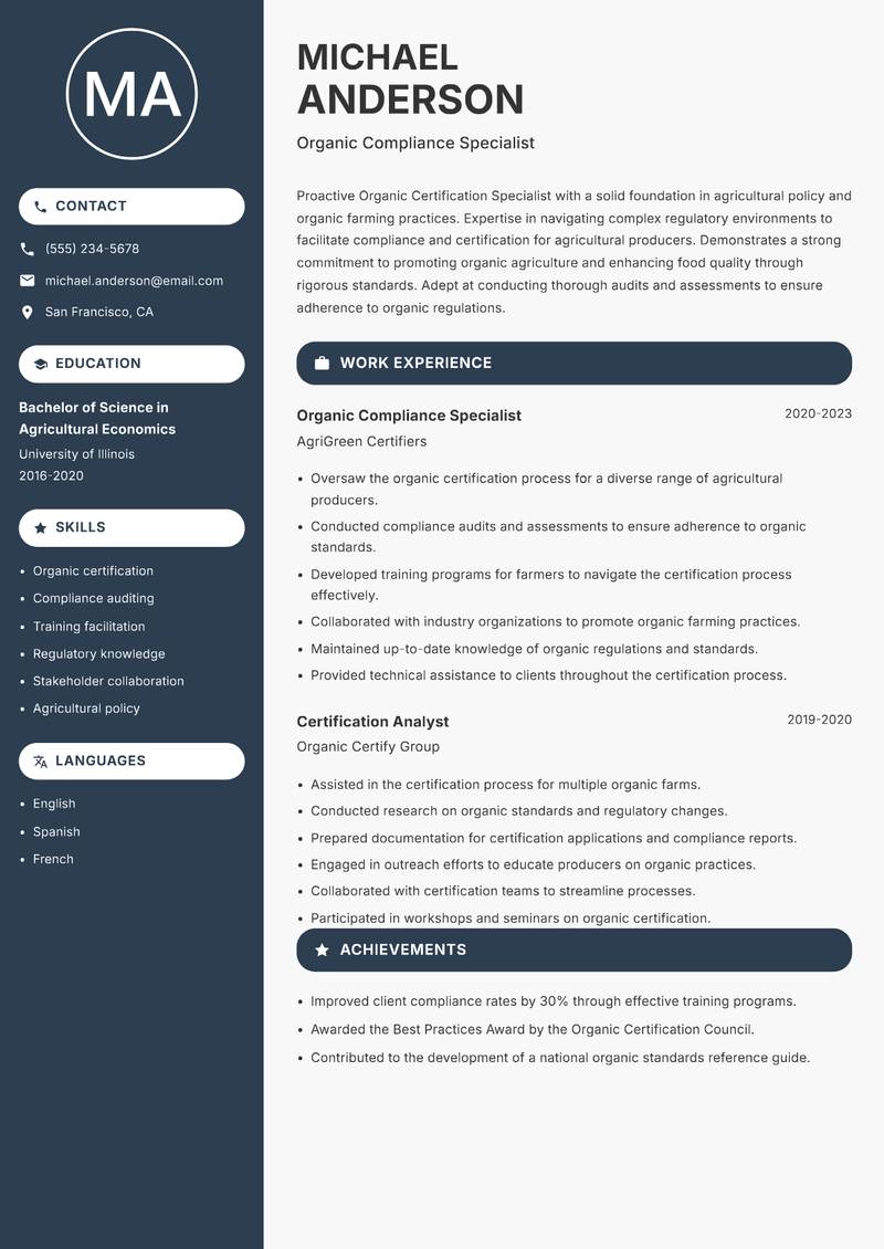 Organic Certification Specialist resume sample — Organic Compliance Specialist focus