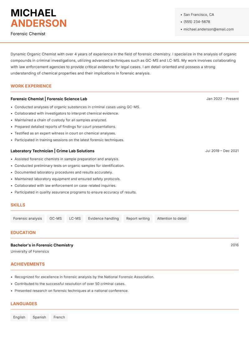 Organic Chemist resume sample — Forensic Chemist focus