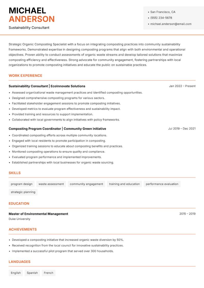 Organic Composting Specialist resume sample — Sustainability Consultant focus