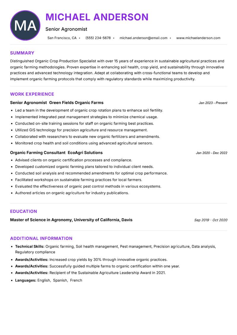 Organic Crop Production Specialist resume example