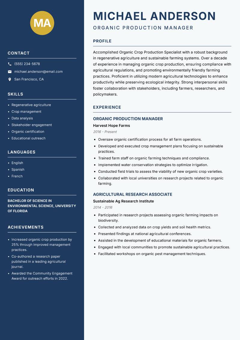 Organic Crop Production Specialist resume sample — Organic Production Manager focus