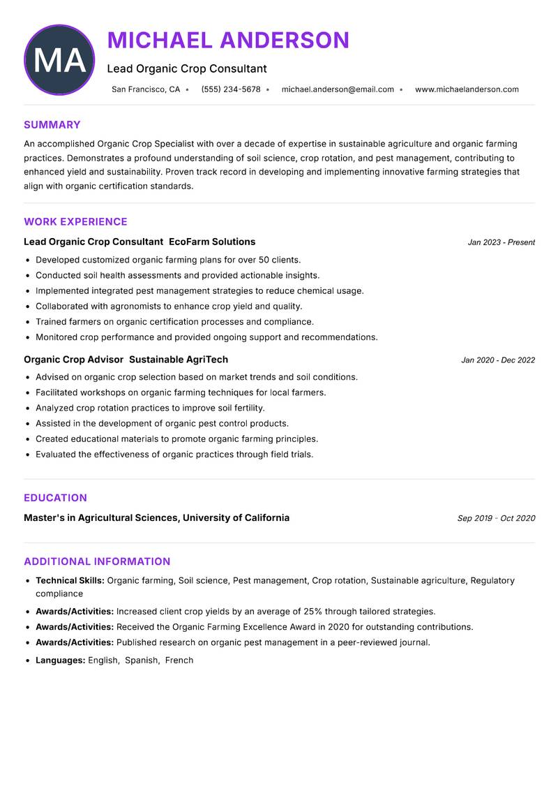 Organic Crop Specialist resume example