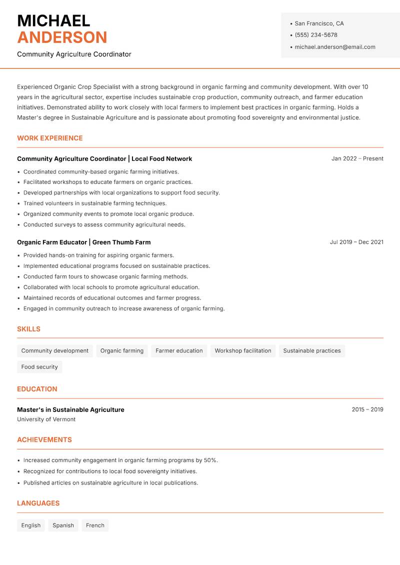 Organic Crop Specialist resume sample — Community Agriculture Coordinator focus