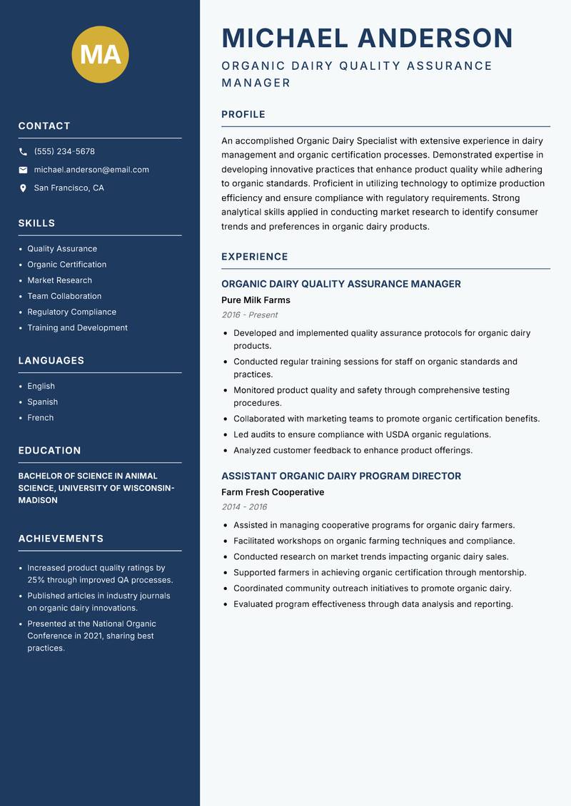 Organic Dairy Specialist resume sample — Organic Dairy Quality Assurance Manager focus