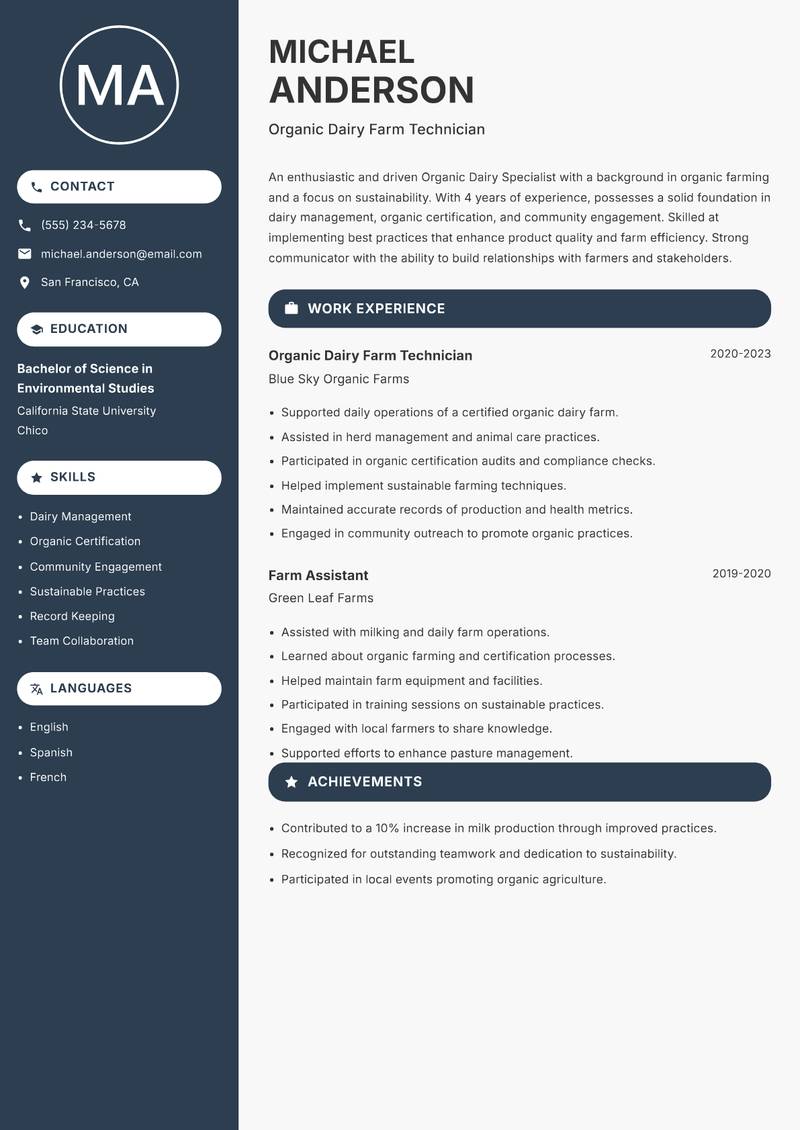 Organic Dairy Specialist resume sample — Organic Dairy Farm Technician focus