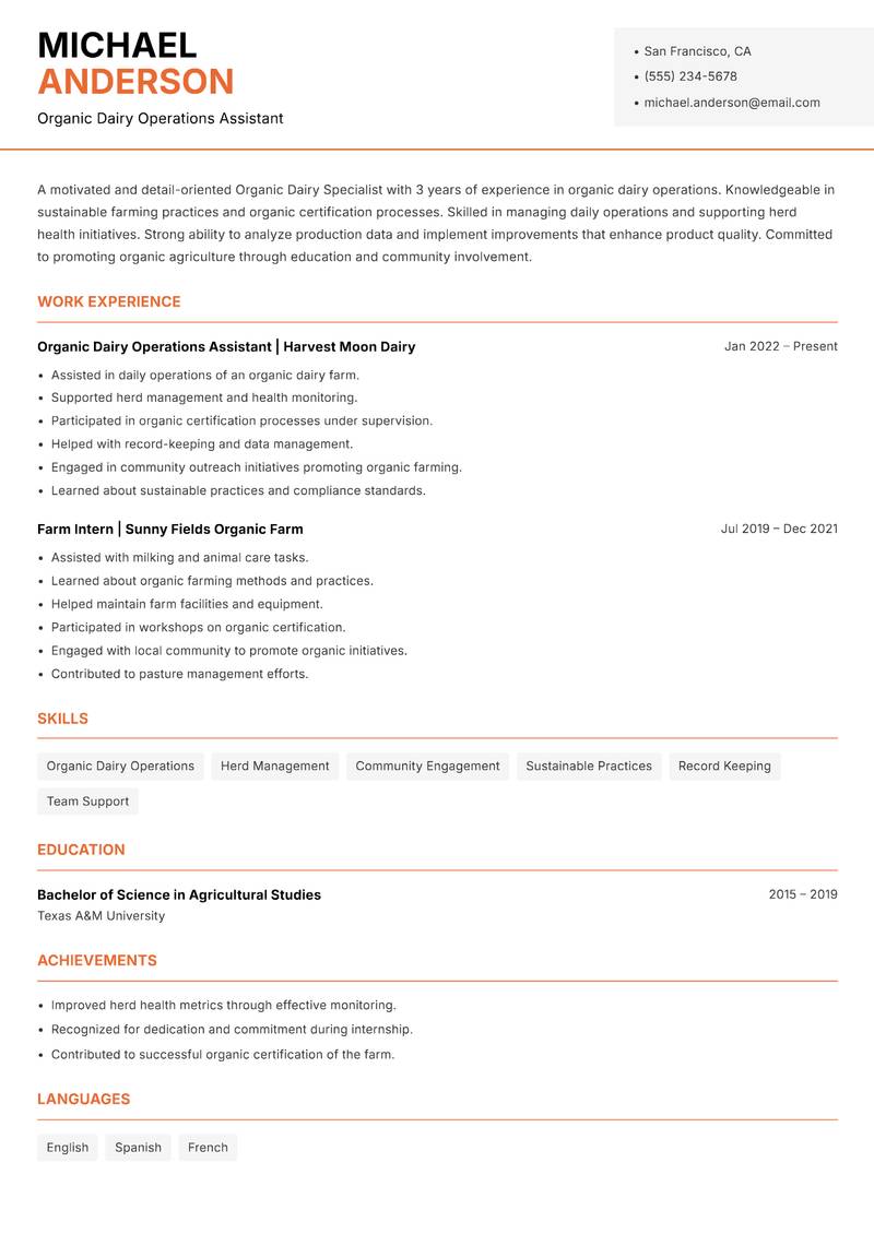 Organic Dairy Specialist resume sample — Organic Dairy Operations Assistant focus
