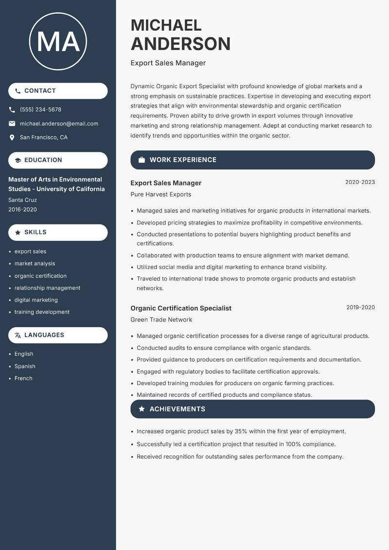 Organic Export Specialist resume sample — Export Sales Manager focus