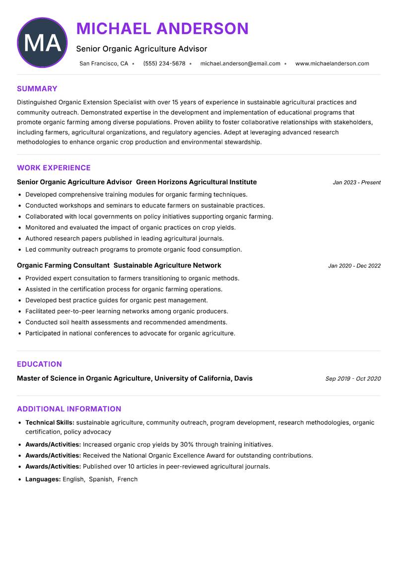 Organic Extension Specialist resume example