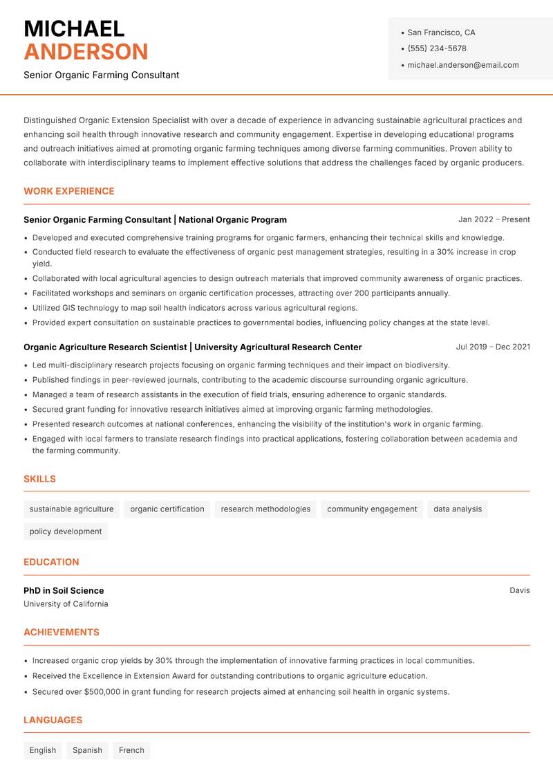 Organic Extension Specialist resume sample — Senior Organic Farming Consultant focus