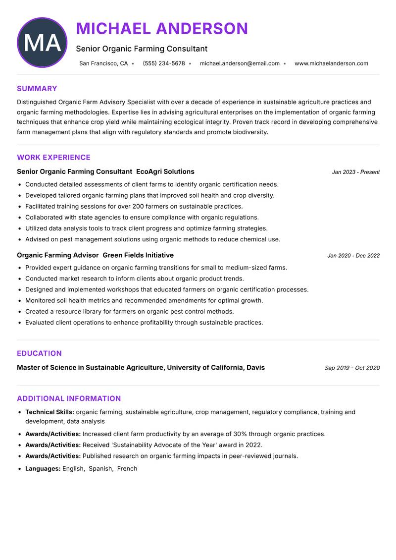 Organic Farm Advisory Specialist resume example