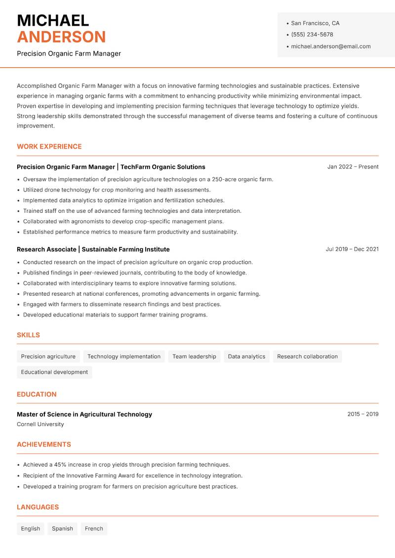 Organic Farm Manager resume sample — Precision Organic Farm Manager focus