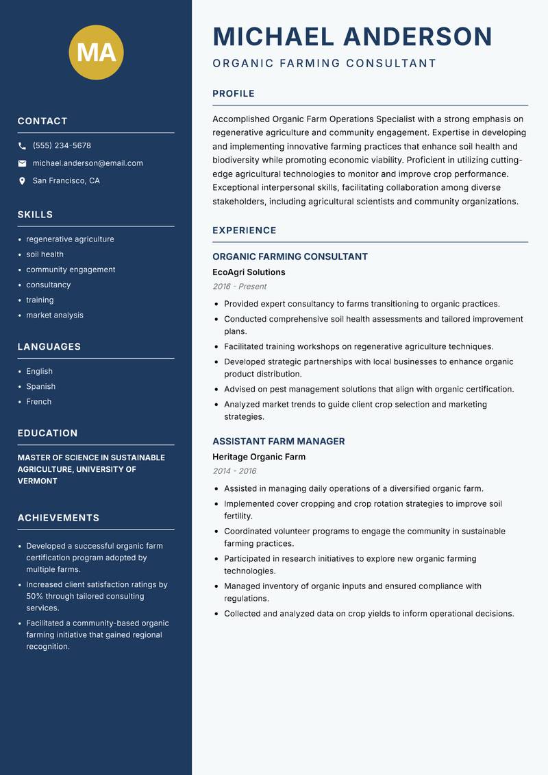Organic Farm Operations Specialist resume sample — Organic Farming Consultant focus
