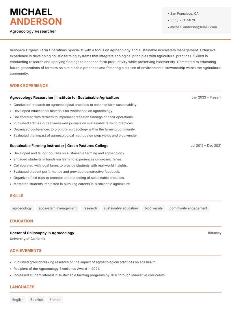 Organic Farm Operations Specialist resume sample — Agroecology Researcher focus