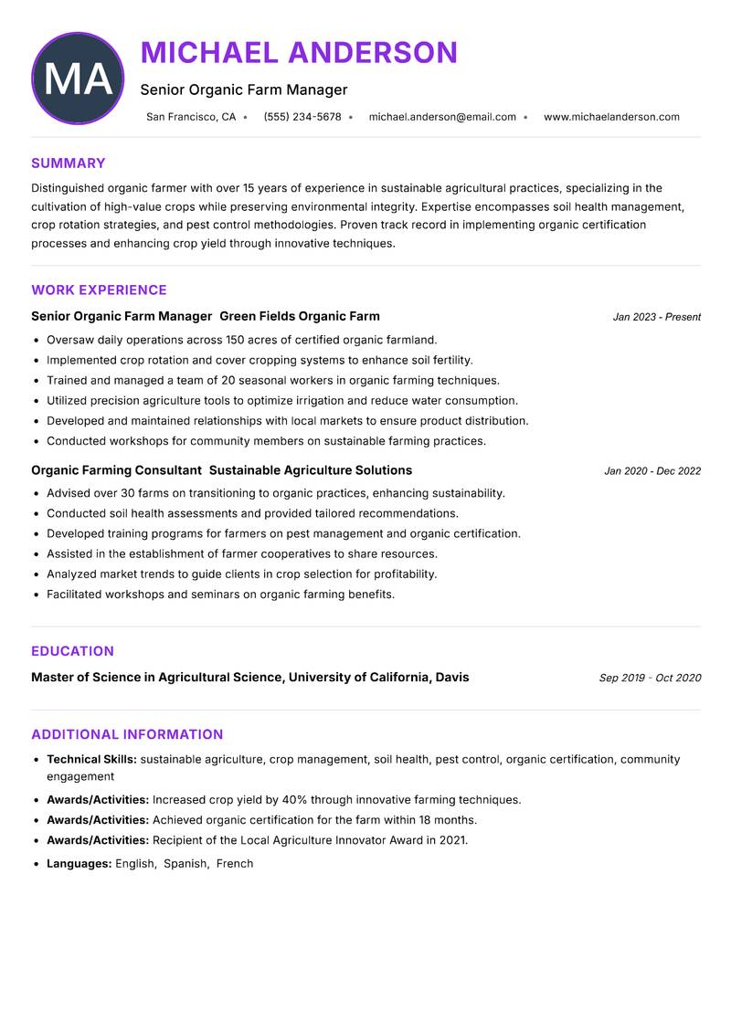 Organic Farmer resume example