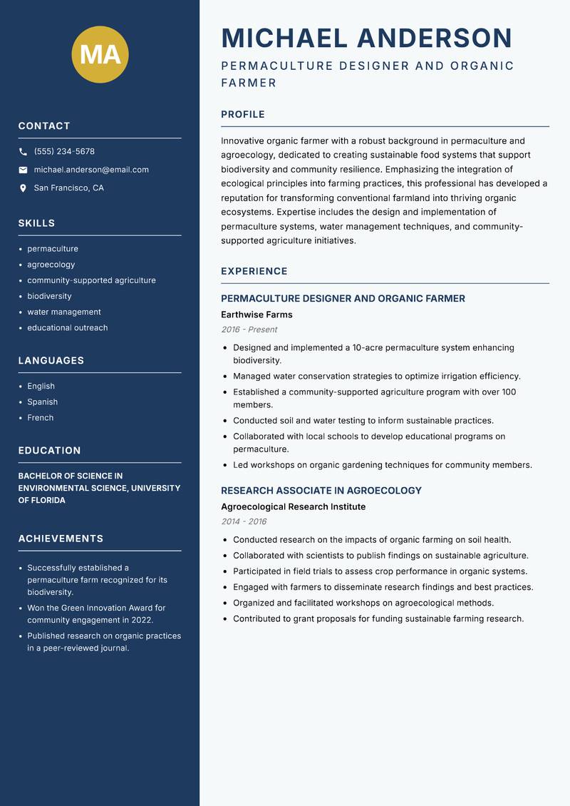 Organic Farmer resume sample — Permaculture Designer and Organic Farmer focus
