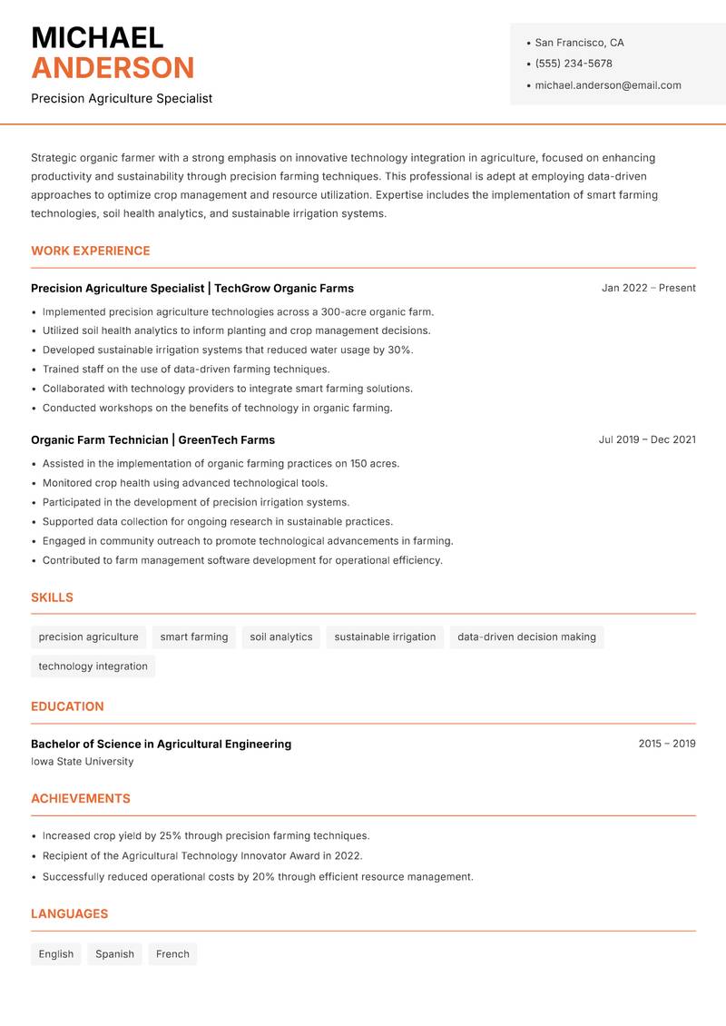 Organic Farmer resume sample — Precision Agriculture Specialist focus