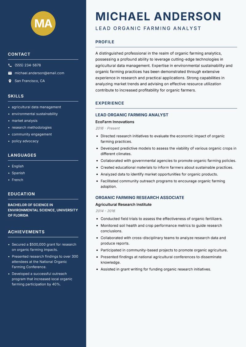 Organic Farming Analyst resume sample — Lead Organic Farming Analyst focus